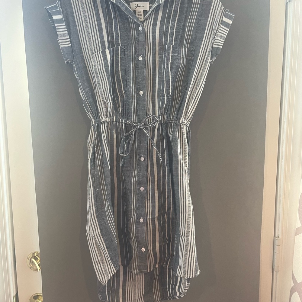 Striped Button-Front Drawstring Shirt Dress - Navy & White